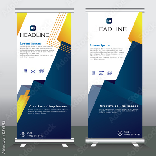 Business Roll Up template, pull up design, Standee Design. Banner Template. Presentation and Brochure Flyer. Template vertical pull up banner with yellow and blue color, Vector illustration, geometric
