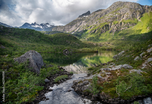 Beautiful Scandinavian landscape, mountains and a lake on the Vesteralen archipelago in Norway