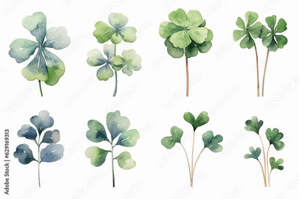 Lucky clover leaves with four leaf. Patricks day watercolor clipart - obrazy, fototapety, plakaty 