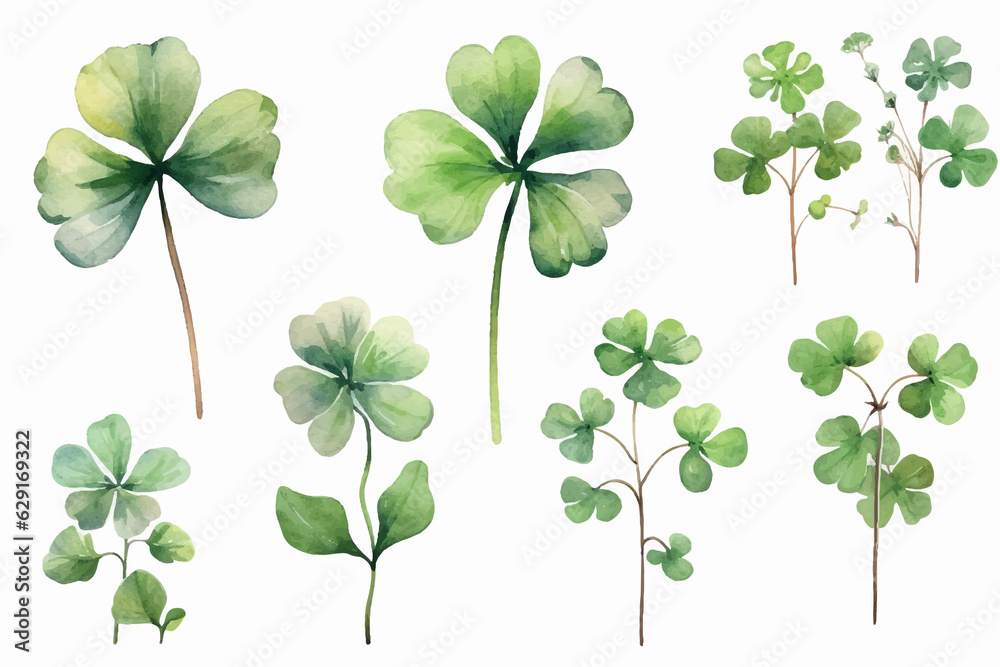 Lucky clover leaves with four leaf. Patricks day watercolor clipart Lucky clover leaves with four leaf. Patricks day watercolor clipart