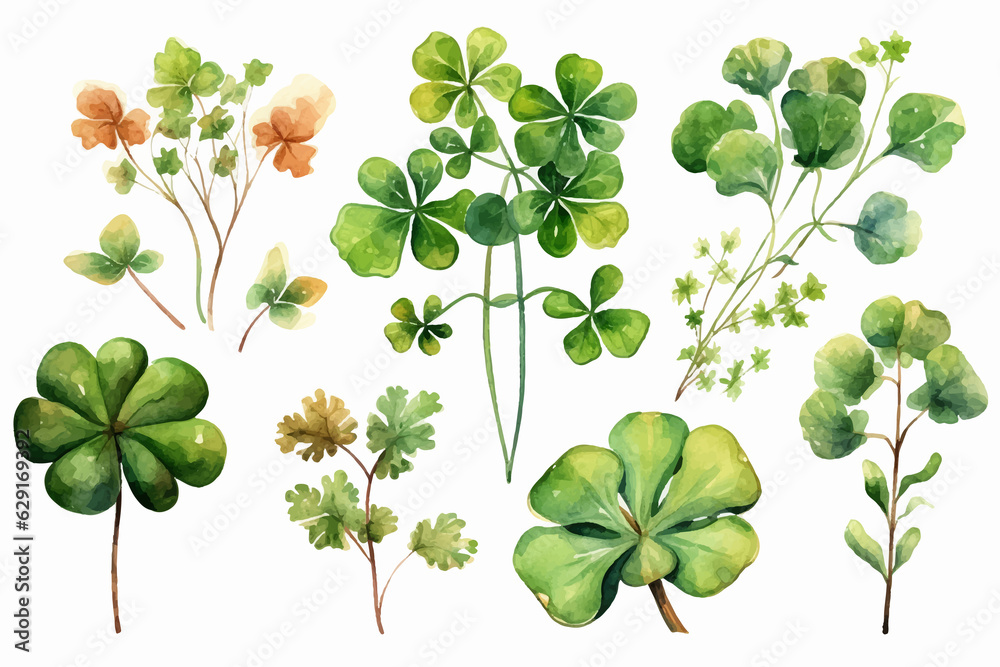 Lucky clover leaves with four leaf. Patricks day watercolor clipart Lucky clover leaves with four leaf. Patricks day watercolor clipart