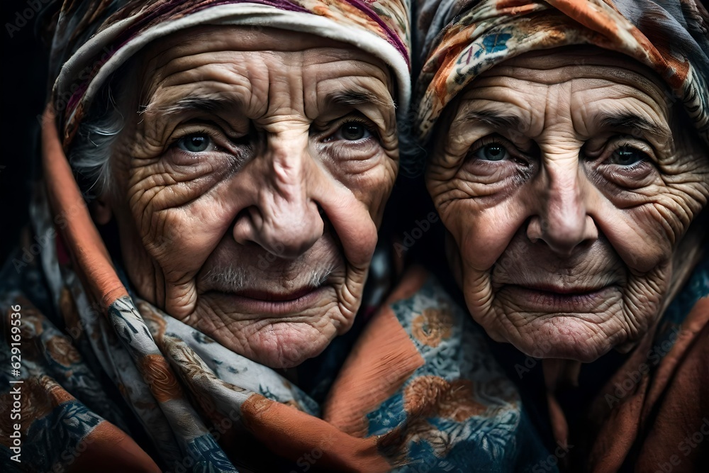 TWO SENIOR SISTERS WEARING HEAD SCARVES TWO SENIOR SISTERS WEARING HEAD SCARVES