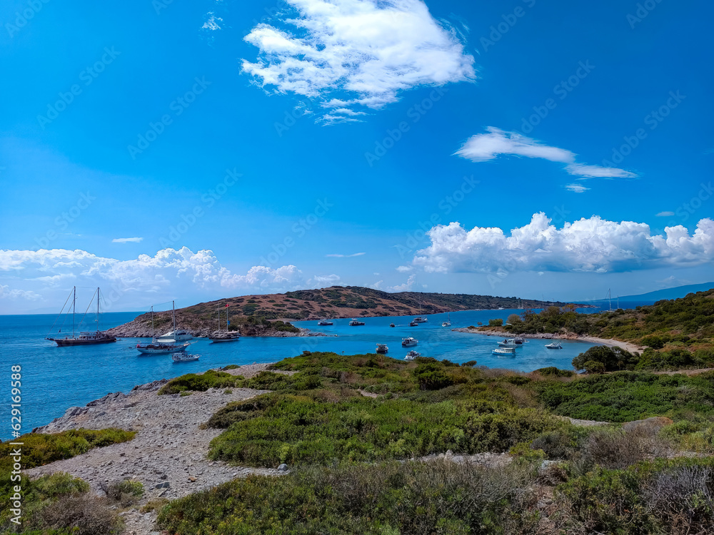 Landscape of a beautiful island with a bay. View from the hill.