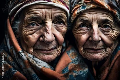 TWO SENIOR SISTERS WEARING HEAD SCARVES