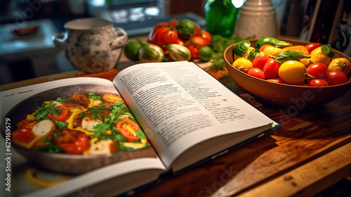 Recipe Book Surrounded by a Variety of Vegetables - AI Generated
