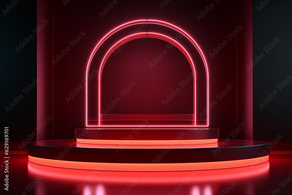 3d render, abstract red neon background with glowing round arch. Shiny frame, copy space over cylinder podium, empty performance stage, blank platform for product displaying. 3d render, abstract red neon background with glowing round arch. Shiny frame, copy space over cylinder podium, empty performance stage, blank platform for product displaying.
