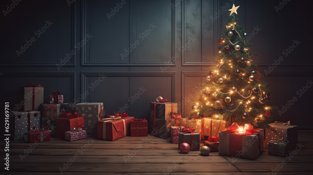 arbol de navidad con luces y decoracion, cajas de regalos con lazos sobre fondo de pared de madera oscura y suelo de madera. ilustracion de ia generativa - obrazy, fototapety, plakaty 