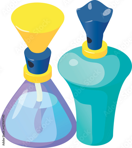 Perfume bottle icon isometric vector. Colorful glassy two various perfume bottle. Perfumery, cosmetic
