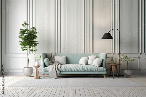 Fotografia salon de una casa con pared vacia en tonos claros con sofa