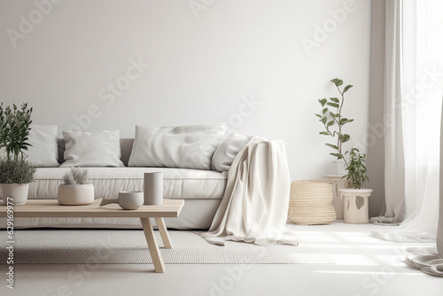 Fototapeta salon de una casa con pared vacia en tonos claros con sofa