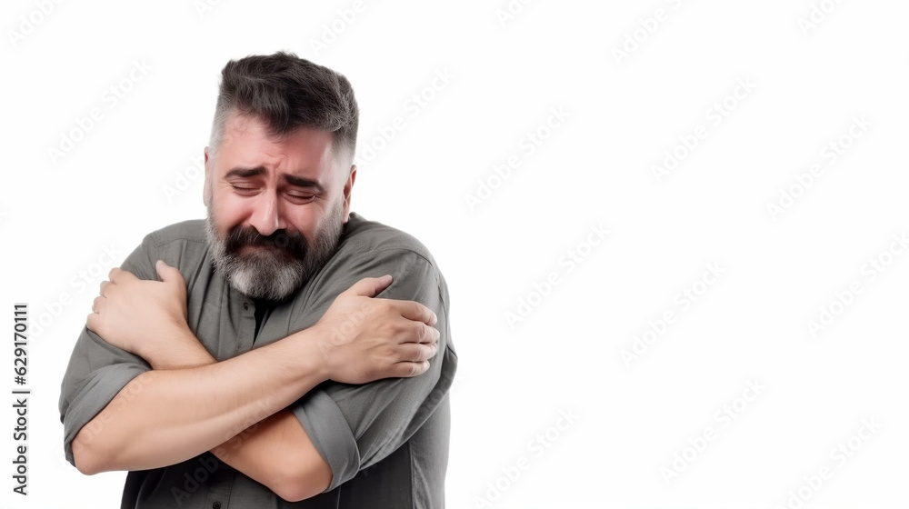 Sad young man in gray shirt posing isolated on grey wall background, studio portrait. broken fellings , cold. Mock up copy space. Holding hands folded, hugging himself. Generated AI Sad young man in gray shirt posing isolated on grey wall background, studio portrait. broken fellings , cold. Mock up copy space. Holding hands folded, hugging himself. Generated AI