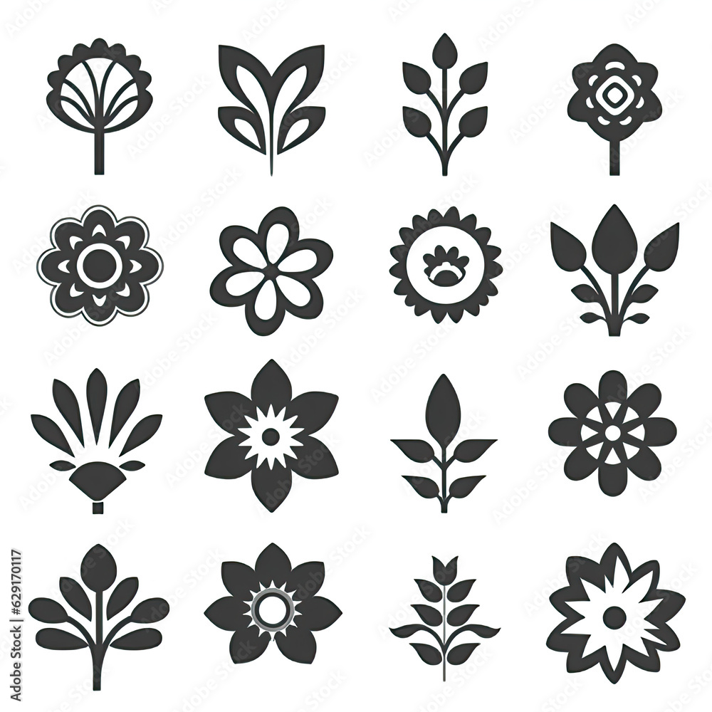 Flower icons set, Vector,Flowers icons flat monochromatic on flat white background , black and white