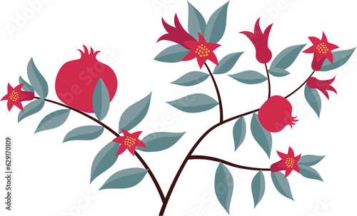 there is a red flower with green leaves and a pomegranate