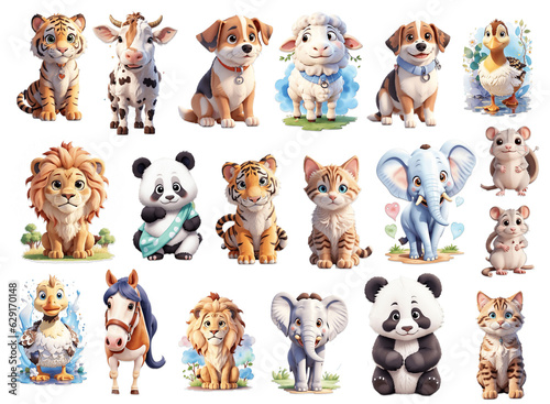 Animal cartoon png.Set of  Farm animal 3d cartoon .animal 3d  picture. Cat, Dog, Cow , Tiger, Lion, Elephant, Panda Horse png. Decoration and sticker element , Generative AI