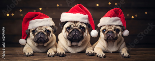 Three pug dogs wearing red Santa hats, facing the camera with curious expressions, positioned in a row.