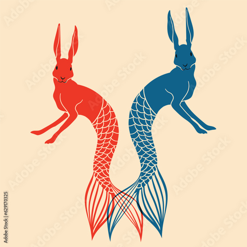 Rabbit, hare with a mermaid tail. Whimsical vector illustration. minimal, abstract contemporary style. Avatar, icon, poster, logo templates t-shirt design, print