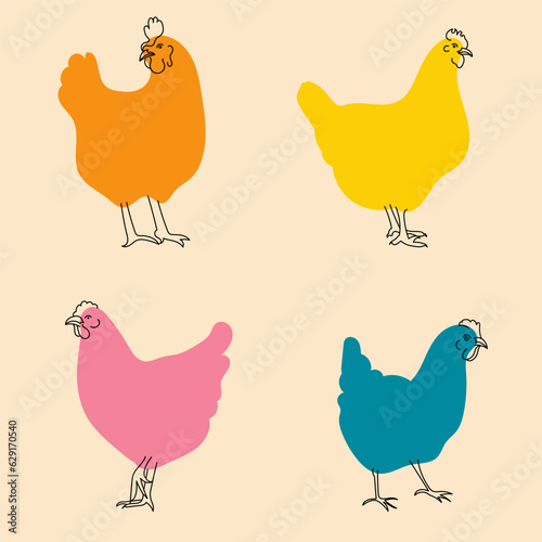 Colorful, fancy chicken. Avatar, badge, poster, logo templates, print. Vector illustration with Riso print effect in flat cartoon style