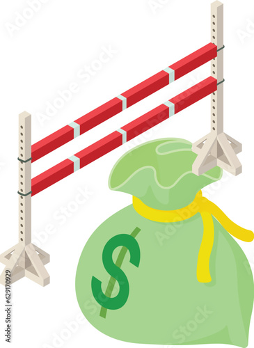 Horseback riding icon isometric vector. Money bag near equestrian fence icon. Equestrian sport, hobby