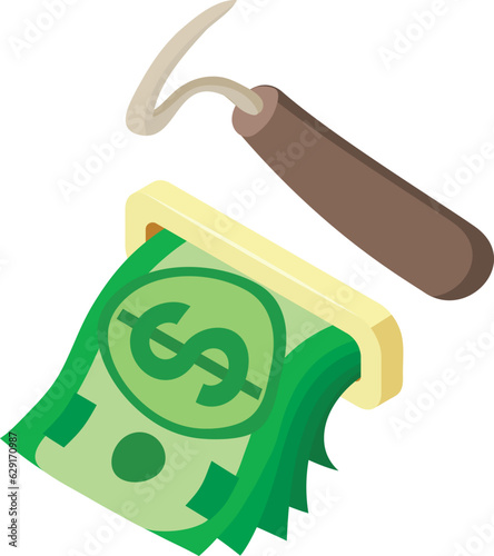 Equestrian tool icon isometric vector. Horse hoof pick and dollar banknote icon. Horseback riding, hobby