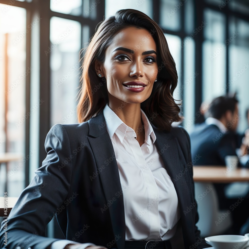 Obraz premium Smiling business woman in a suit in canteen break room
