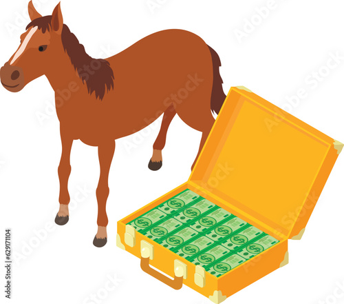 Equestrian business icon isometric vector. Racing horse near open money suitcase. Horseback riding, equestrian sport