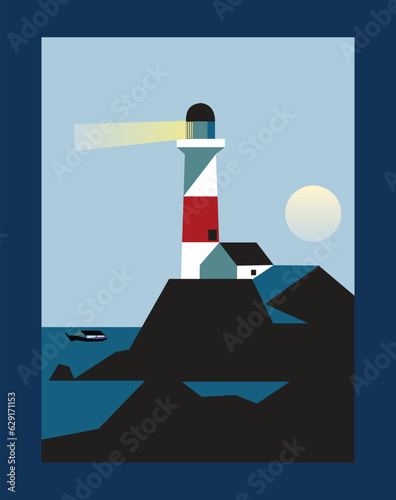 Lighthouse near sea shore with the moon in the sky