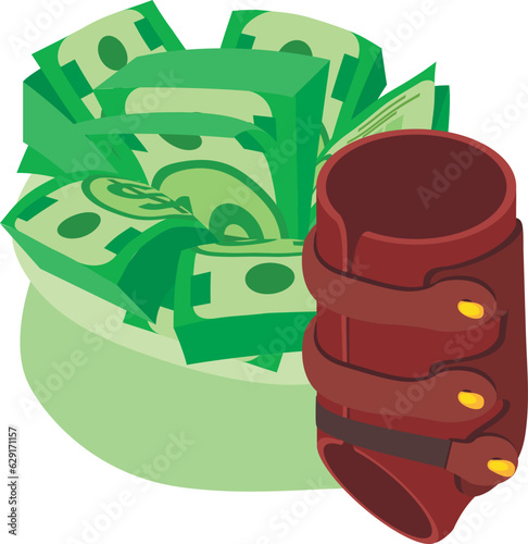 Equestrian ammunition icon isometric vector. Leather protection boot, money bag. Horseback riding, equestrian sport