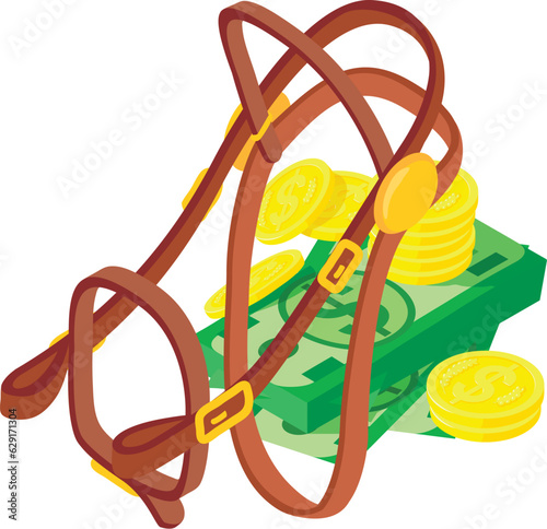 Horse accessory icon isometric vector. Cash money and brown leather horse bridle. Horseback riding, hobby