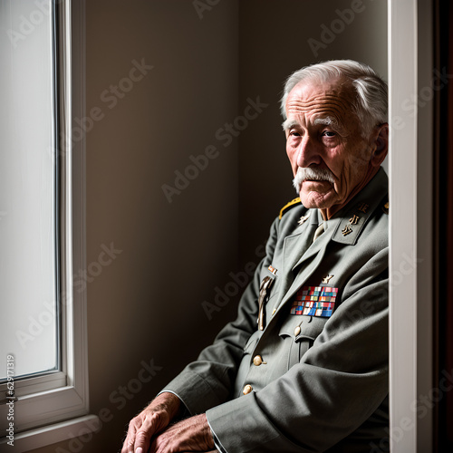 Old veteran alone in twilight home, wearing uniform