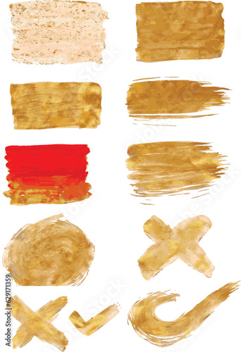 Vector golden color set paint, brush strokes, brushes, lines, check and cross mark, box, grungy brushes