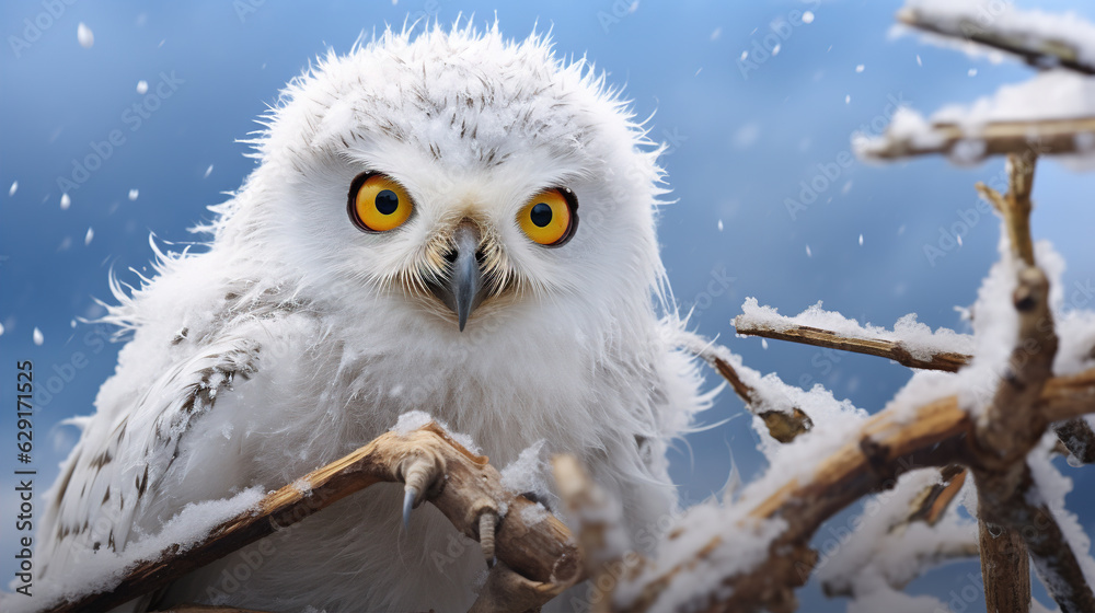 Obraz premium Snowy Owl Chick: Description: The close-up view reveals a curious snowy owl chick perched on a snowy branch. Its fluffy down feathers and bright yellow eyes add to the charm.