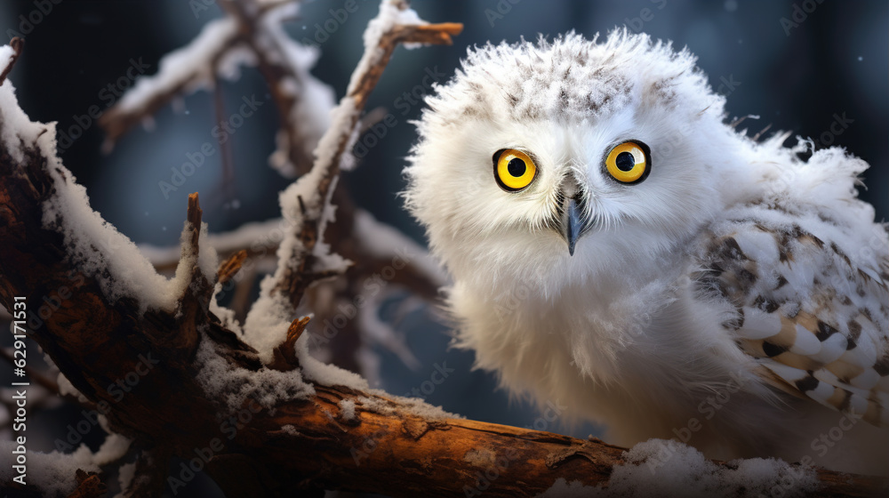 Snowy Owl Chick: Description: The close-up view reveals a curious snowy owl chick perched on a snowy branch. Its fluffy down feathers and bright yellow eyes add to the charm.