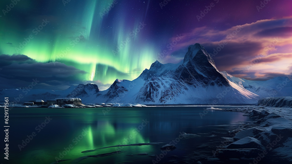 Northern Lights Above Arctic Landscape: Description: An enchanting view of the Northern Lights dancing across the Arctic sky, illuminating the vast, snowy landscape below.