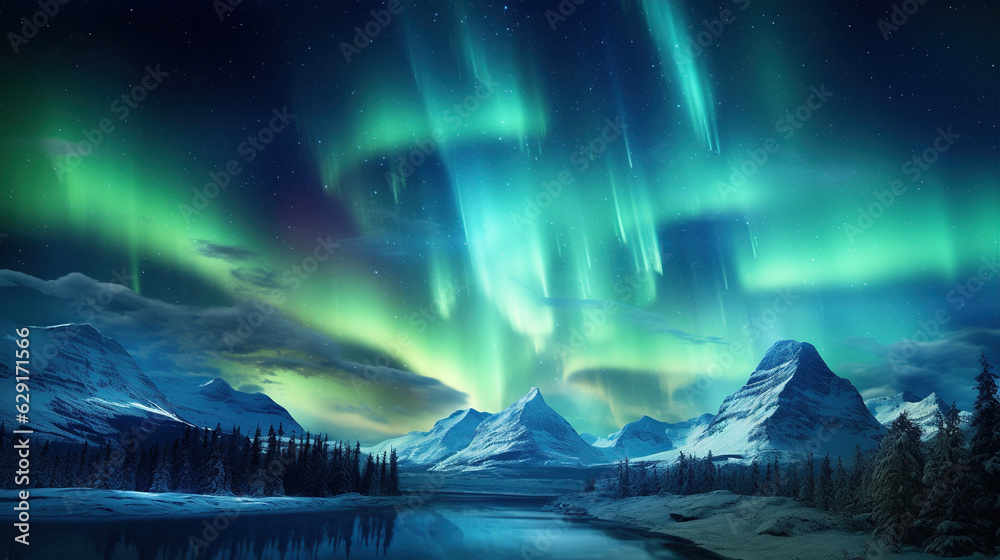 Northern Lights Above Arctic Landscape: Description: An enchanting view of the Northern Lights dancing across the Arctic sky, illuminating the vast, snowy landscape below.