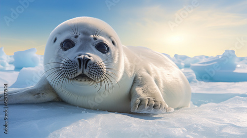 Baby Harp Seals on Ice: Description: The picture shows endearing baby harp seals resting on ice floes. Their large, innocent eyes exude vulnerability.