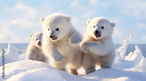 Polar Bear Cubs at Play: Description: The close-up shot features adorable polar bear cubs playfully tumbling in the snow.