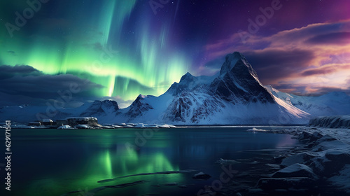 Northern Lights Above Arctic Landscape: Description: An enchanting view of the Northern Lights dancing across the Arctic sky, illuminating the vast, snowy landscape below. © siripimon2525