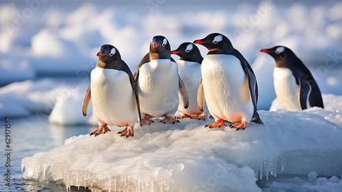 Gentoo Penguins on Icy Shores: Description: The image showcases a group of Gentoo penguins waddling on icy shores.