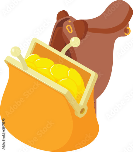 Equestrian symbol icon isometric vector. Wallet with gold coin and horse saddle. Horseback riding, hobby
