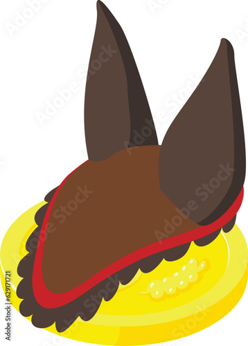 Equestrian icon isometric vector. Horse brown cap with ear on big golden coin. Equestrian sport, accessory