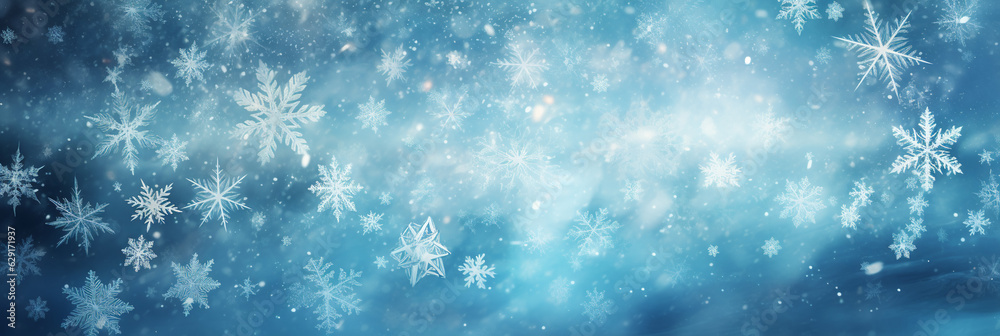 Christmas macro snowflakes on a frozen window background banner