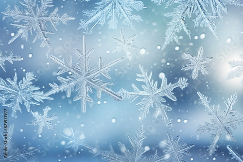 Christmas macro snowflakes on a frozen window background