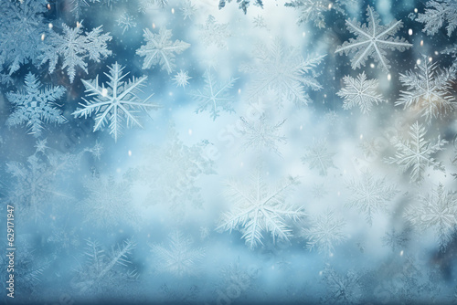 Christmas macro snowflakes on a frozen window background © World of AI
