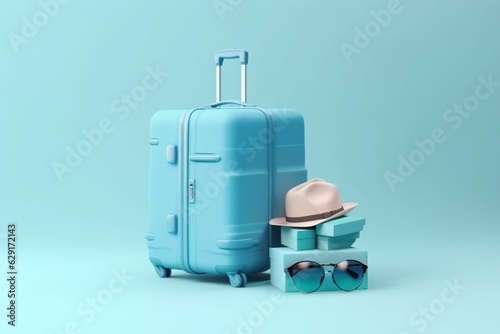 Blue suitcase with sunglasses hat and camera on pastel colors