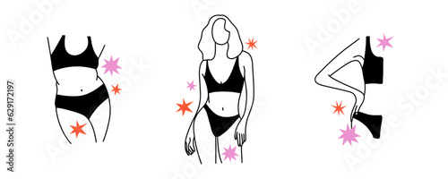 Woman parts. Female outline body in swimsuit or underwear elements. Hand drawn black and white minimal illustration. Sexy skin and plus size female characters in bra and panties, vector isolated set