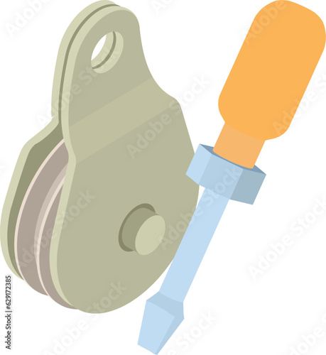 Climbing tool icon isometric vector. Classical steel carabiner and screwdriver. Alpinism, mountaineering concept