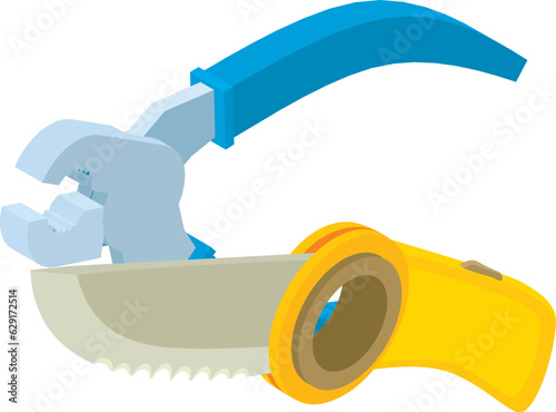 Equipment icon isometric vector. Yellow climber knife and blue wire cutters icon. Alpinism, speleology concept
