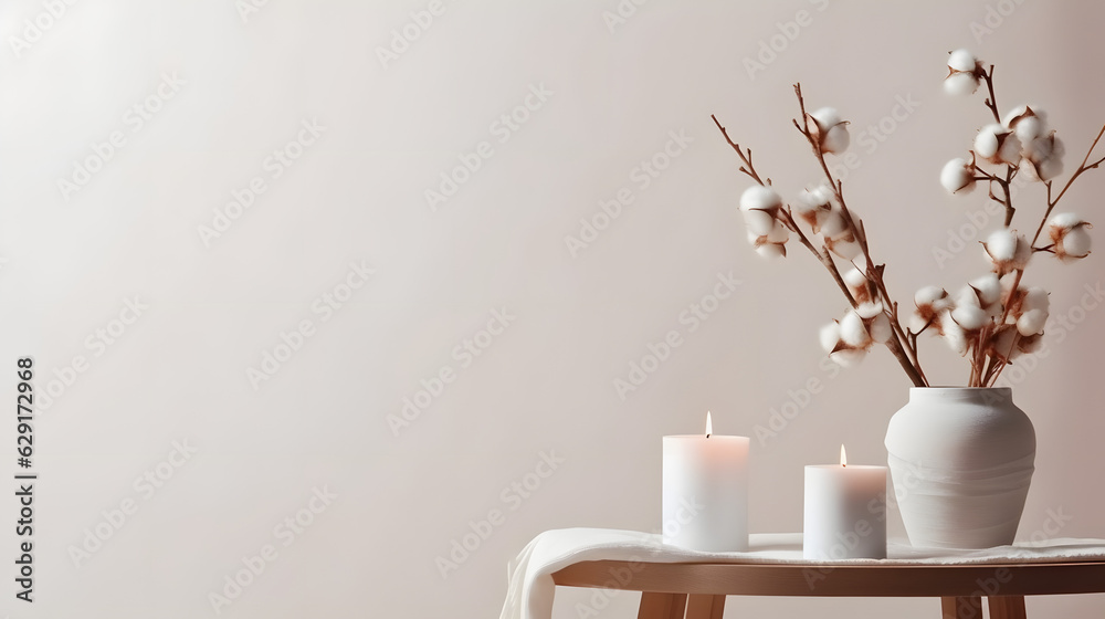 Stylish table with cotton flowers and aroma candles near light wall. Banner for design - obrazy, fototapety, plakaty 