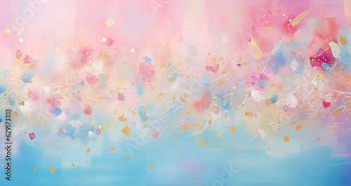 Abstract painting with a pastel color palette, featuring a gradient background of pink, blue, and a foreground explosion of colors and shapes, creating a dreamy and whimsical background.