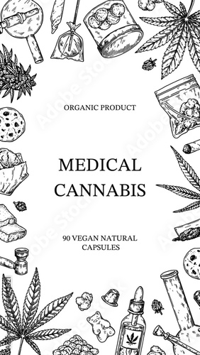 Cannabis vertical design for packaging, social media posts, store decoration, branding, certificates. Marijuana vector illustration in sketch style. Hemp engraved background